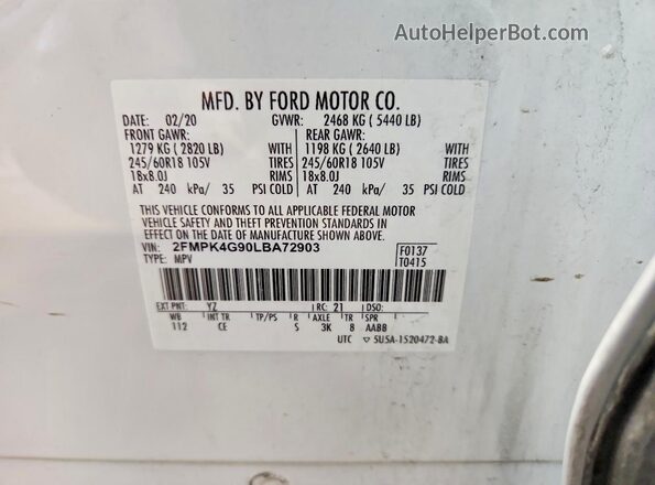 2FMPK4G90LBA72903 2020 FORD EDGE White VIN sticker view