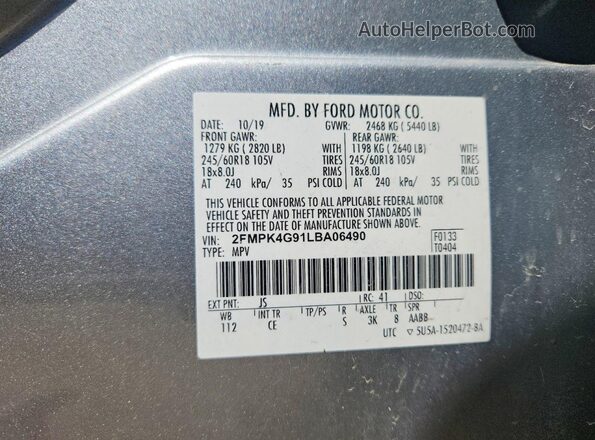 2FMPK4G91LBA06490 2020 FORD EDGE Silver Շարժիչի բաժամունքի տեսք