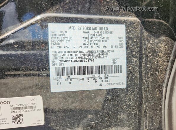 2FMPK4G92RBB08762 2024 FORD EDGE Черный Вид наклейки с VIN-кодом