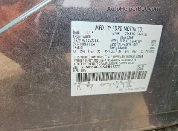 2FMPK4G93KBB41372 2019 FORD EDGE Gray VIN sticker view