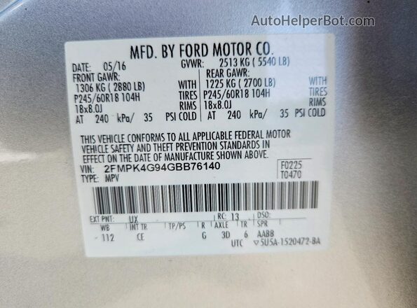 2FMPK4G94GBB76140 2016 FORD EDGE Silver Widok naklejki z numerem VIN