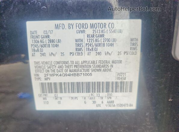 2FMPK4G94HBB71005 2017 FORD EDGE White VIN sticker view