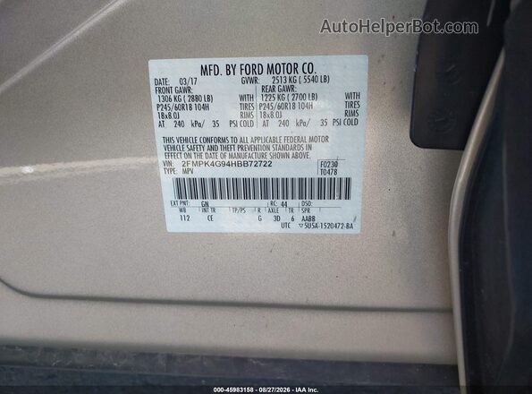 2FMPK4G94HBB72722 2017 FORD EDGE Gold Շարժիչի բաժամունքի տեսք