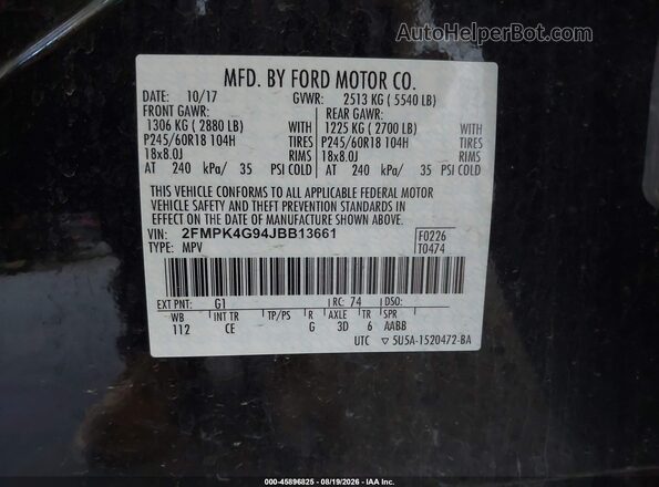 2FMPK4G94JBB13661 2018 FORD EDGE Black Vista del compartimento del motor