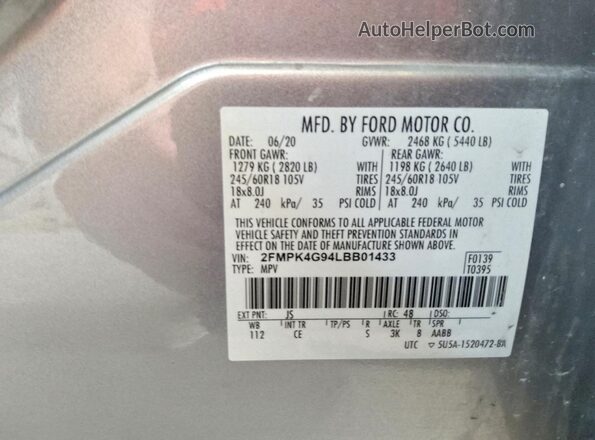 2FMPK4G94LBB01433 2020 FORD EDGE Silver Vista de la etiqueta del VIN