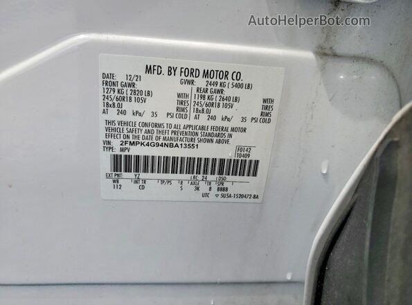 2FMPK4G94NBA13551 2022 FORD EDGE White 360 interior view
