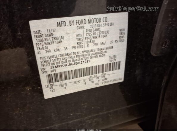 2FMPK4G96JBB21289 2018 FORD EDGE Black Vista del compartimento del motor