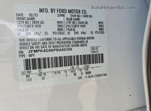2FMPK4G96PBA06359 2023 FORD EDGE White Вид наклейки з VIN-кодом