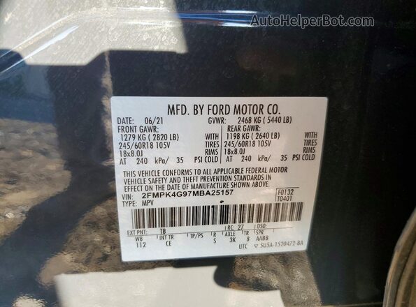2FMPK4G97MBA25157 2021 FORD EDGE Gray Vista interior de 360 grados