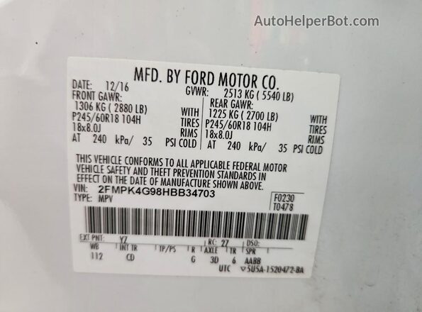 2FMPK4G98HBB34703 2017 FORD EDGE Белый Вид наклейки с VIN-кодом