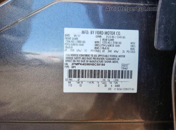 2FMPK4G98HBC58180 2017 FORD EDGE Charcoal Vista interior de 360 grados
