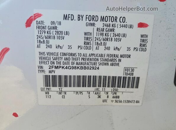 2FMPK4G98KBB02924 2019 FORD EDGE White Widok komory silnika