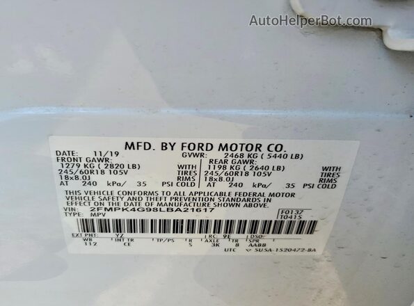 2FMPK4G98LBA21617 2020 FORD EDGE White სალონის 360-გრადუსიანი ხედი