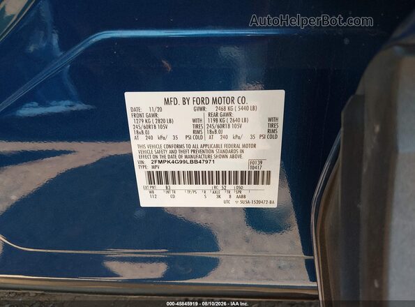 2FMPK4G99LBB47971 2020 FORD EDGE Blue Вид підкапотного простору