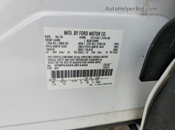 2FMPK4G9XJBC34422 2018 FORD EDGE White Vista del compartimento del motor