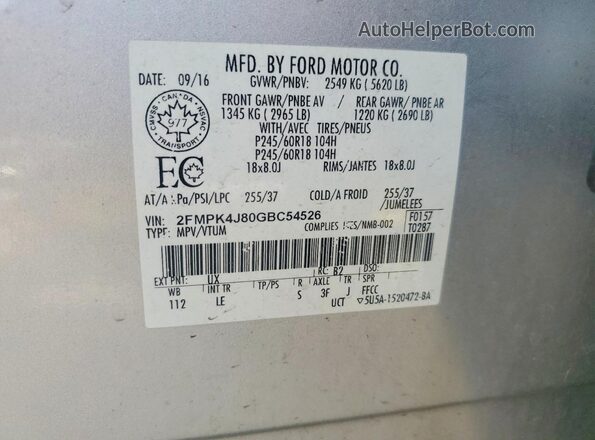 2FMPK4J80GBC54526 2016 FORD EDGE Silver VIN კოდის სტიკერის ხედი