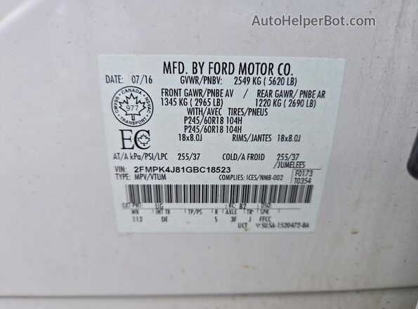 2FMPK4J81GBC18523 2016 FORD EDGE White Widok naklejki z numerem VIN