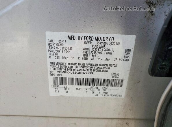 2FMPK4J82GBB77299 2016 FORD EDGE Серебряный Вид наклейки с VIN-кодом