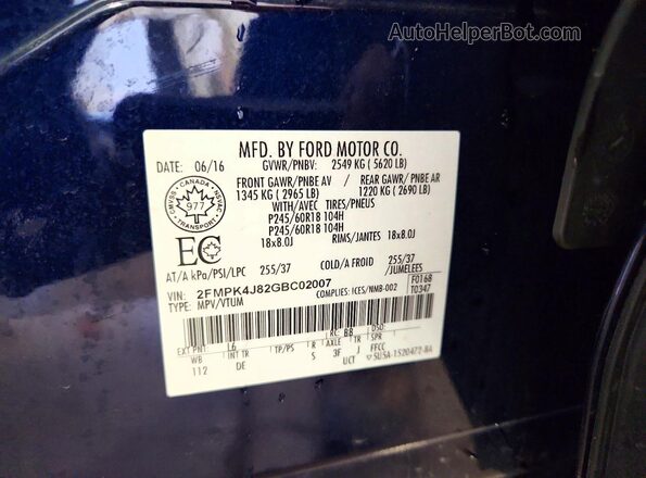 2FMPK4J82GBC02007 2016 FORD EDGE Blue Widok naklejki z numerem VIN