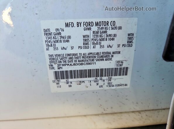 2FMPK4J83GBC59011 2016 FORD EDGE Белый Вид наклейки с VIN-кодом