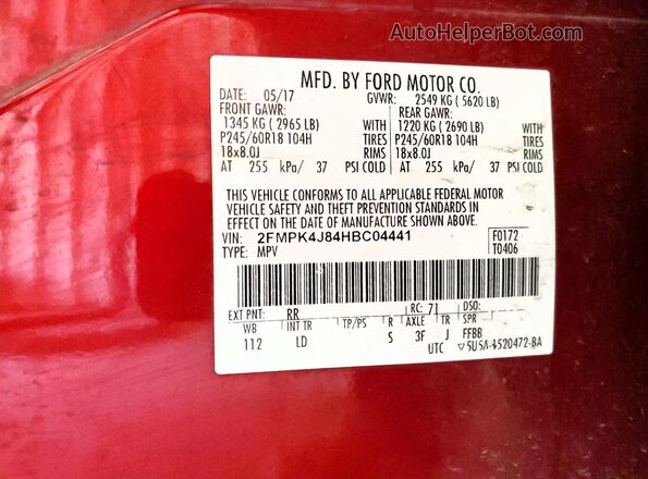 2FMPK4J84HBC04441 2017 FORD EDGE Red 360 interior view