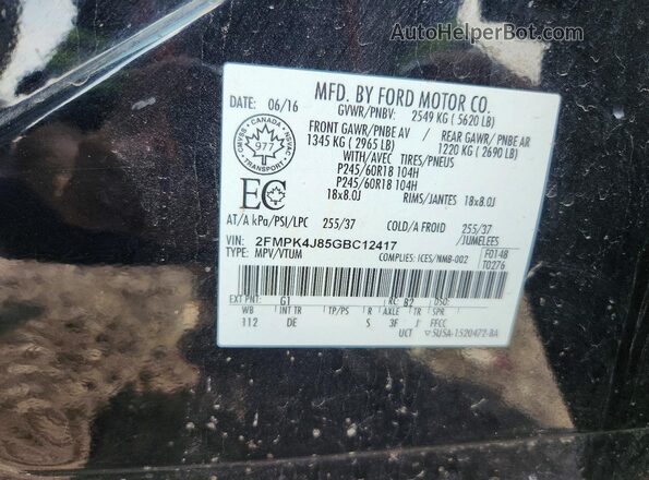 2FMPK4J85GBC12417 2016 FORD EDGE Black VIN կոդի պիտակի տեսք