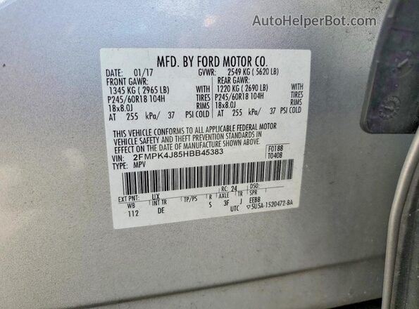 2FMPK4J85HBB45383 2017 FORD EDGE Silver Vista interior de 360 grados
