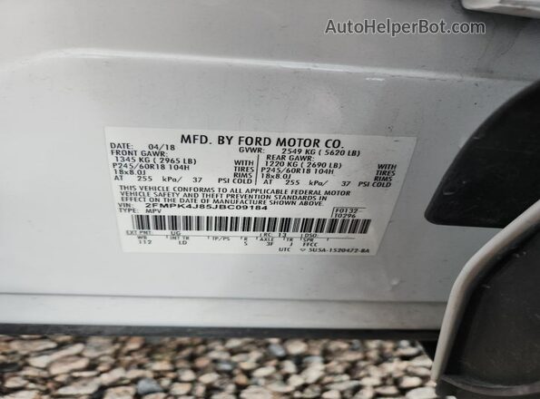 2FMPK4J85JBC09184 2018 FORD EDGE White Вид наклейки з VIN-кодом