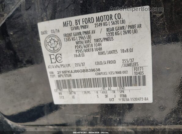 2FMPK4J86GBB39638 2016 FORD EDGE Black Շարժիչի բաժամունքի տեսք
