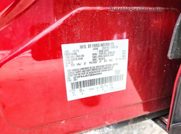 2FMPK4J87GBB43004 2016 FORD EDGE Red Панорамний вид салону 360°