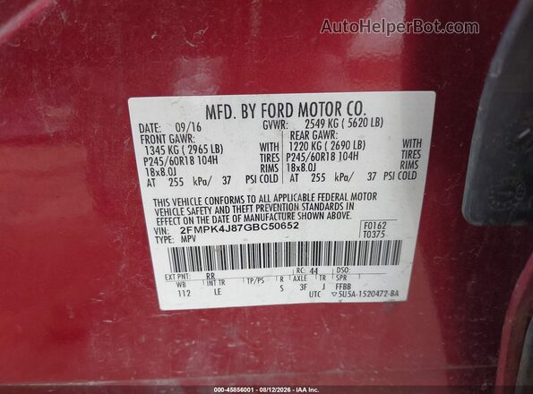 2FMPK4J87GBC50652 2016 FORD EDGE Red Вид підкапотного простору