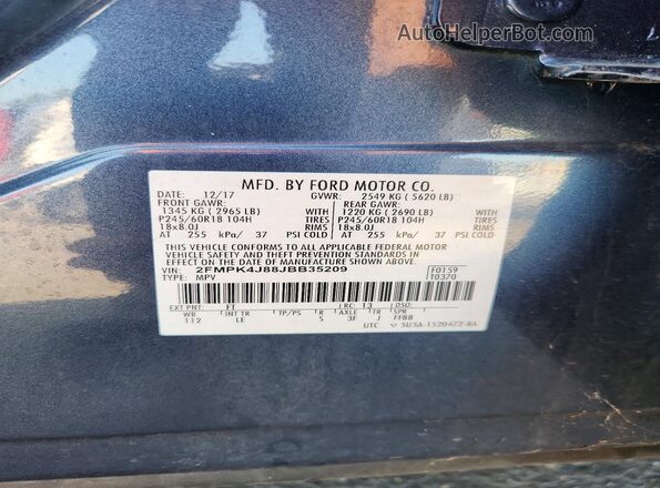 2FMPK4J88JBB35209 2018 FORD EDGE Blue VIN კოდის სტიკერის ხედი
