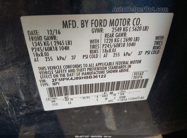 2FMPK4J89HBB36122 2017 FORD EDGE Black Widok komory silnika