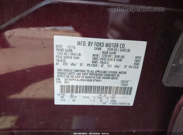 2FMPK4J89HBB37951 2017 FORD EDGE Maroon Widok komory silnika