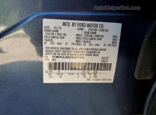2FMPK4J89JBB47465 2018 FORD EDGE Gray VIN sticker view