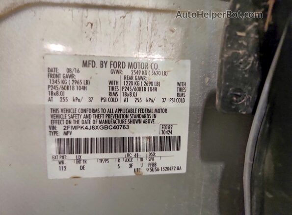 2FMPK4J8XGBC40763 2016 FORD EDGE Silver Vista de la etiqueta del VIN