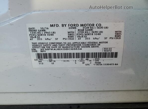 2FMPK4J8XGBC65534 2016 FORD EDGE White VIN կոդի պիտակի տեսք