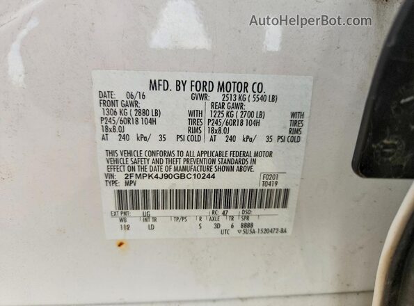 2FMPK4J90GBC10244 2016 FORD EDGE White სალონის 360-გრადუსიანი ხედი