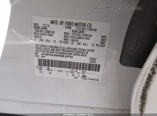 2FMPK4J90HBB18794 2017 FORD EDGE Белый Вид подкапотного пространства