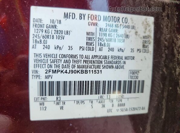 2FMPK4J90KBB11531 2019 FORD EDGE Burgundy Vista de la etiqueta del VIN