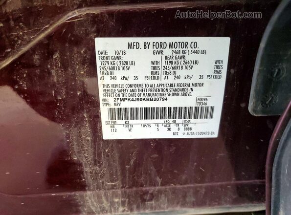 2FMPK4J90KBB20794 2019 FORD EDGE Maroon Панорамний вид салону 360°