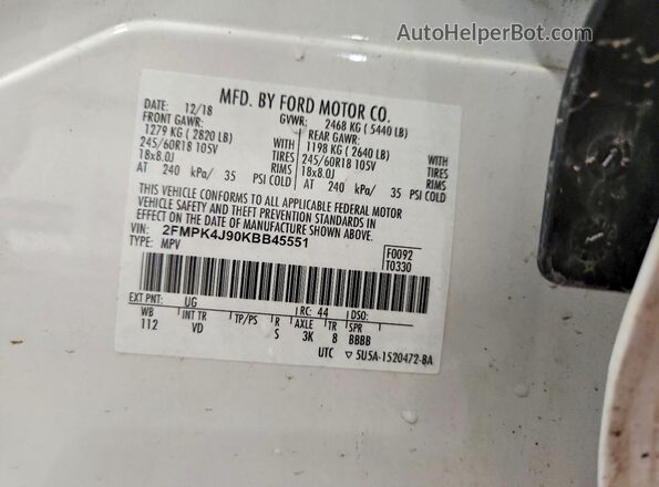 2FMPK4J90KBB45551 2019 FORD EDGE White Вид наклейки з VIN-кодом