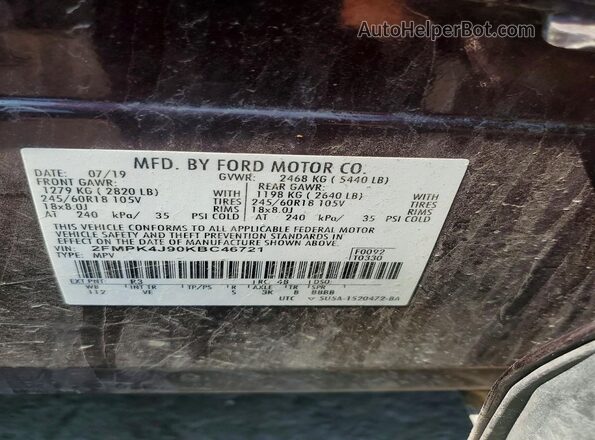 2FMPK4J90KBC46721 2019 FORD EDGE Maroon Vista de la etiqueta del VIN