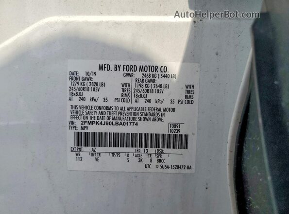 2FMPK4J90LBA01774 2020 FORD EDGE White VIN კოდის სტიკერის ხედი