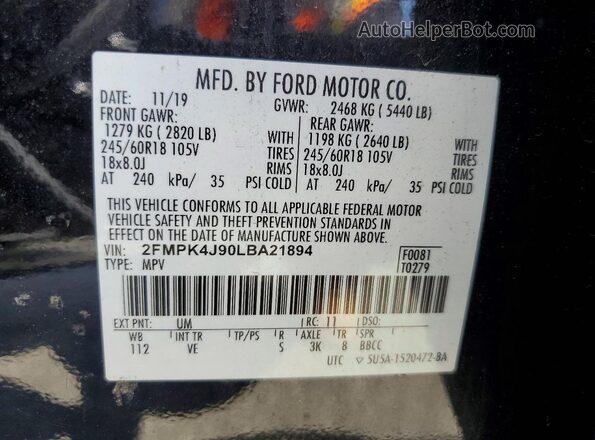 2FMPK4J90LBA21894 2020 FORD EDGE Black Widok wnętrza 360 stopni