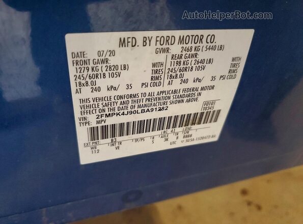 2FMPK4J90LBA91282 2020 FORD EDGE Blue Вид наклейки з VIN-кодом