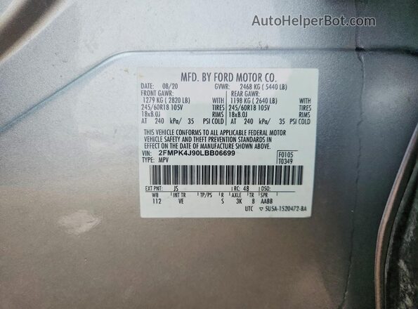 2FMPK4J90LBB06699 2020 FORD EDGE Silver Vista interior de 360 grados