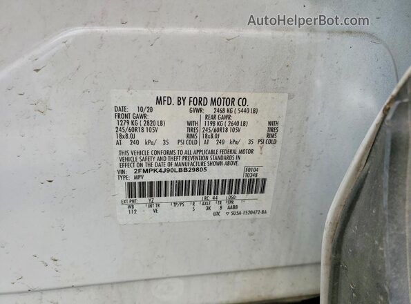 2FMPK4J90LBB29805 2020 FORD EDGE White VIN կոդի պիտակի տեսք