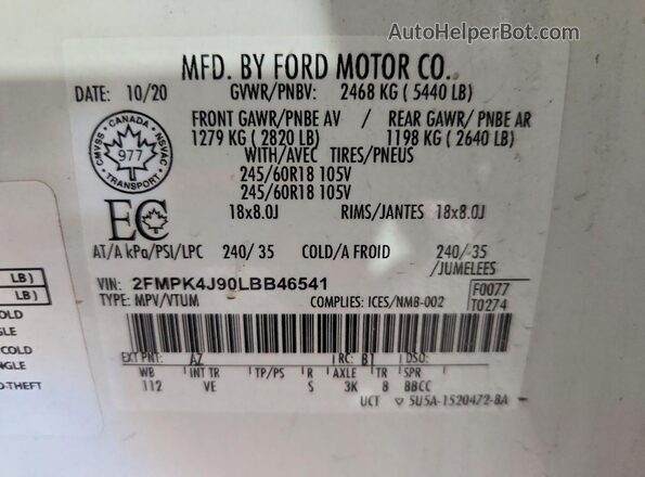 2FMPK4J90LBB46541 2020 FORD EDGE White Vista del compartimento del motor