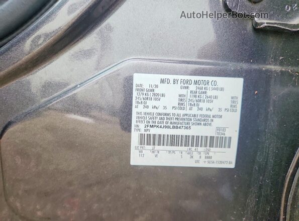 2FMPK4J90LBB47365 2020 FORD EDGE Gray Vista de la etiqueta del VIN